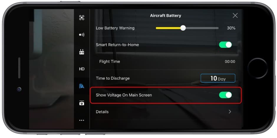 Informações da bateria no app DJI Go 4
